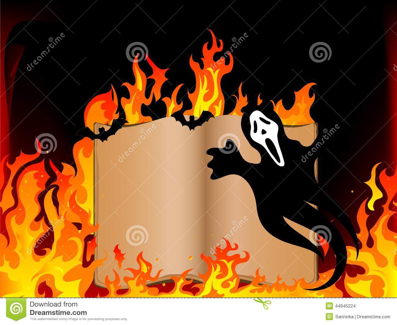 Old open book and ghost in fire.
